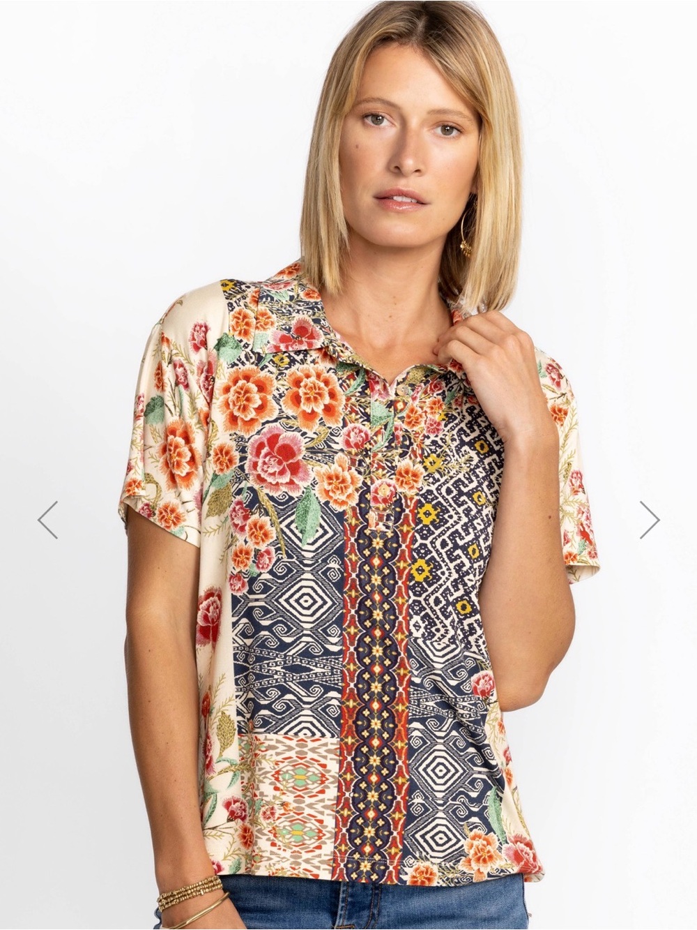 Johnny Was Cream Multi Floral Patchwork Button Front Top